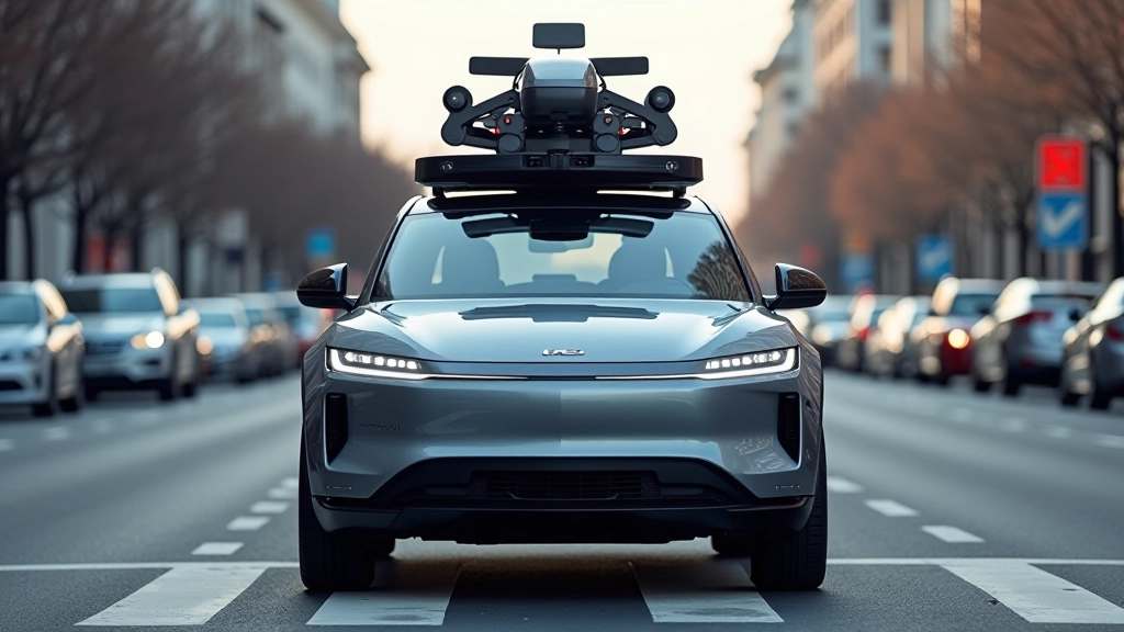 Autonoomne auto testimas linnatänaval, sensors ja lidar süsteemid nähtavad, linnatransport taustaks