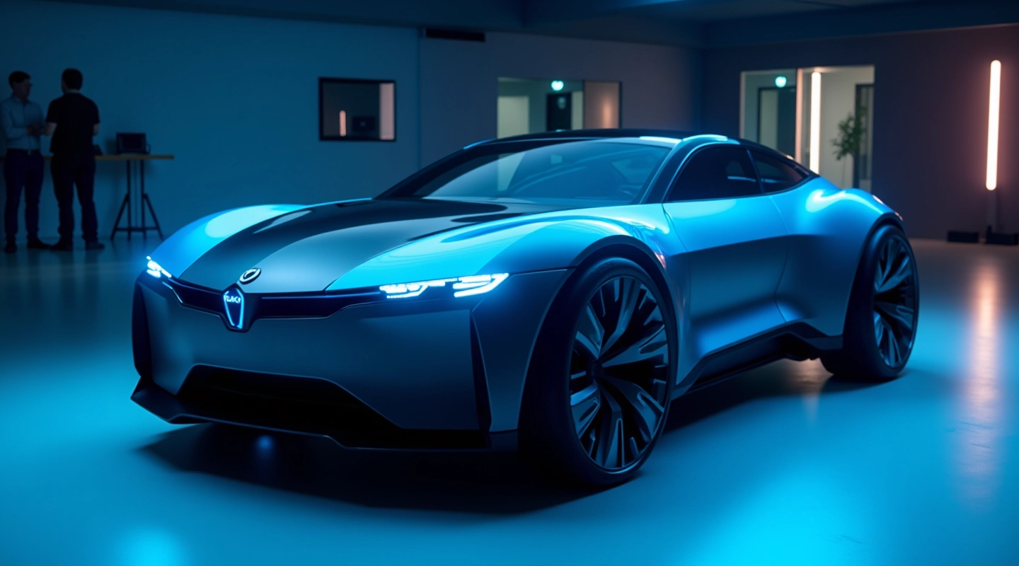 Kaasaegne sõiduk futuristliku disainiga, kraanid ja LED-valgustus