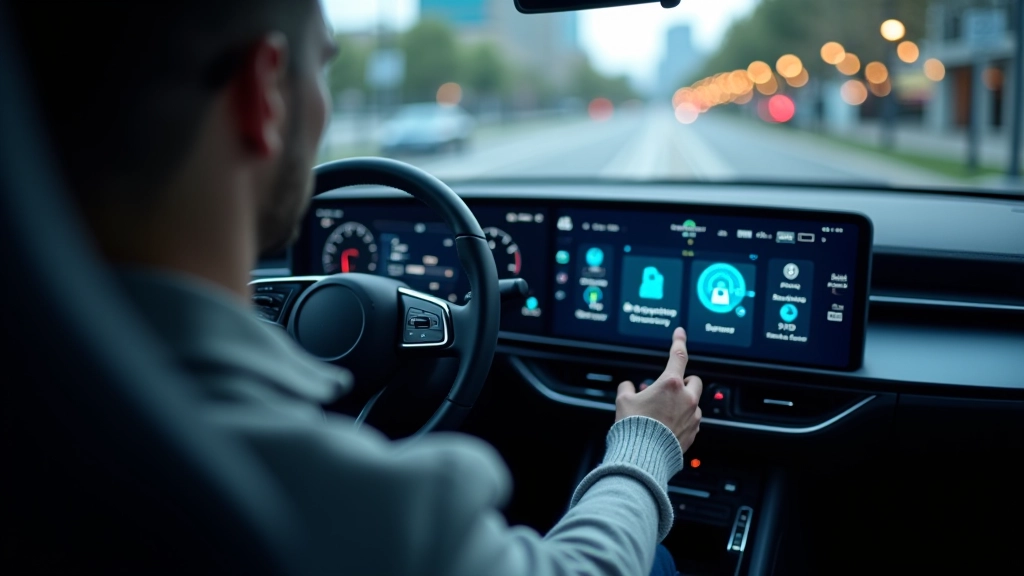 Inimene auto juhtmiskohal, jälitus ja sensorid peal, häkkerite turvalisuse graafika